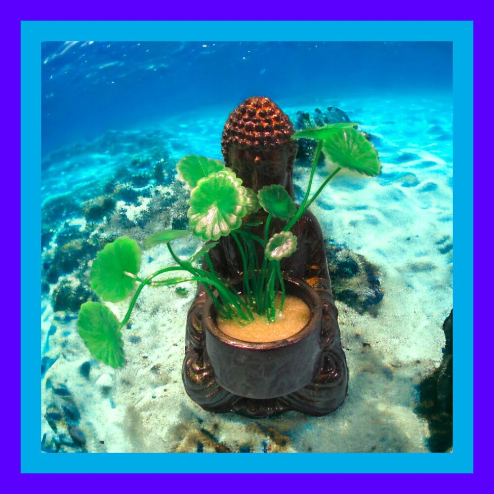 Aquarium Decoration - Green and Gold  Buddha with Artificial Plant